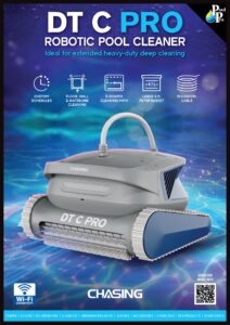 Chasing DT C Pro commercial robotic pool cleaner marketing poster detailing its 4.1L filter basket, 15m swivel cable, and floor, wall, and waterline cleaning capabilities.