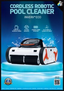 InverX Eco cordless robotic pool cleaner promotional poster by Pool Pro, featuring 4 hours of cleaning per charge, 3D S-path navigation, and a 2-year warranty seal.