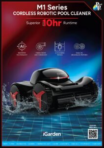 Black iGarden cordless robotic pool cleaner actively cleaning the tiled floor of a bright blue swimming pool underwater.