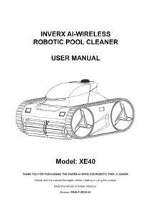 INVERX AI-Wireless Robotic Pool Cleaner Model XE40 user manual front cover featuring a product line drawing schematic.