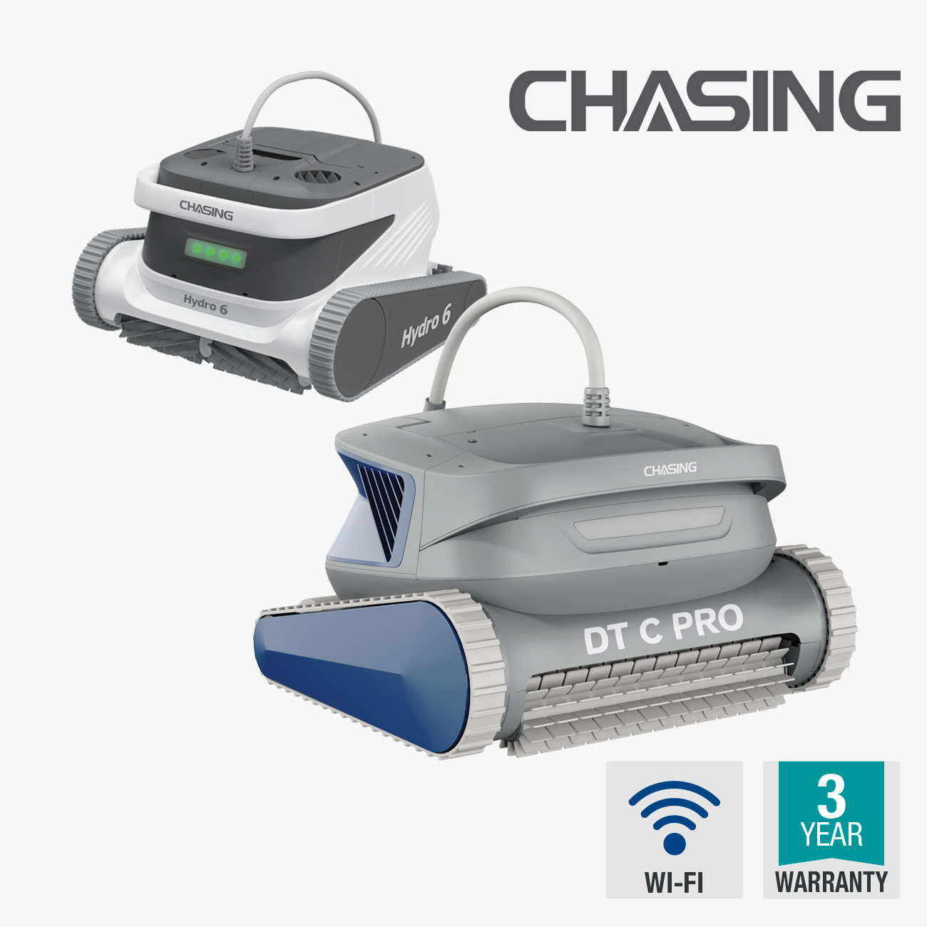 CHASING Hydro 6 and DT C Pro robotic pool cleaners with Wi-Fi control and 3-year warranty