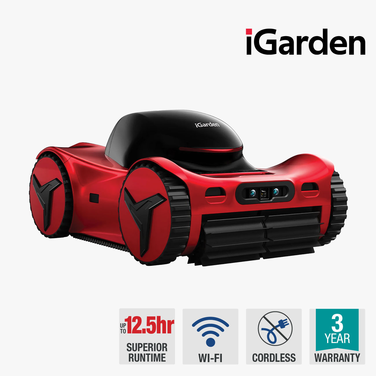 iGarden red cordless robotic pool cleaner featuring Wi-Fi control, 12.5 hour runtime, and 3-year warranty