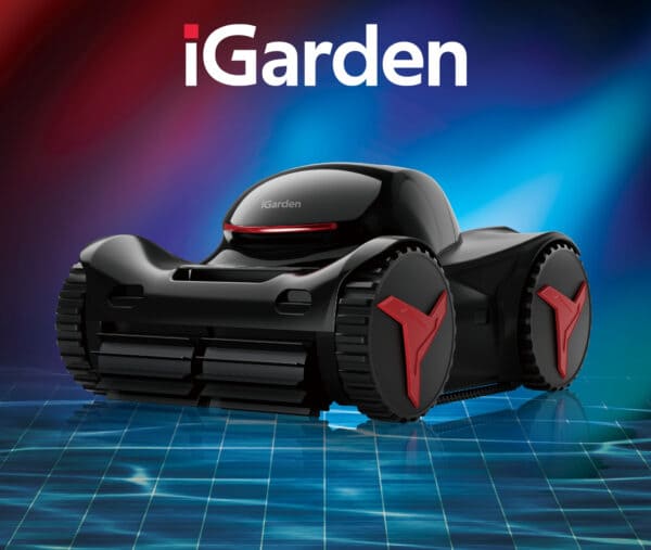 iGarden black and red robotic pool cleaner underwater