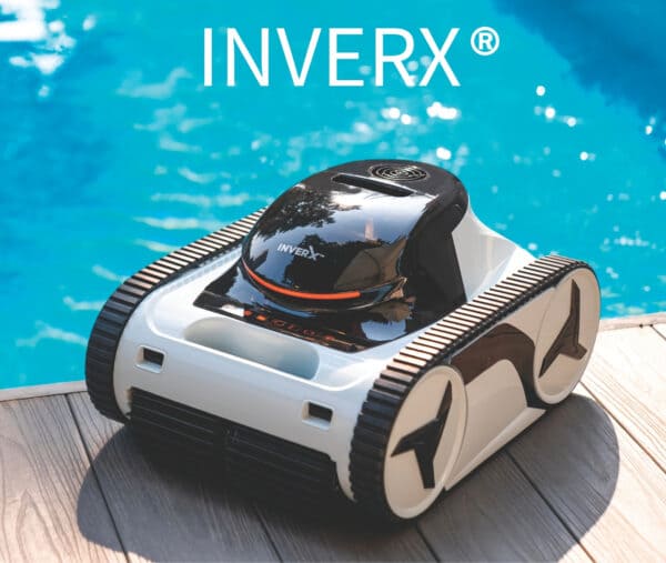 Side profile view of the InverX cordless robotic pool vacuum cleaner with rubber tracks and dual active scrubbing rollers restin