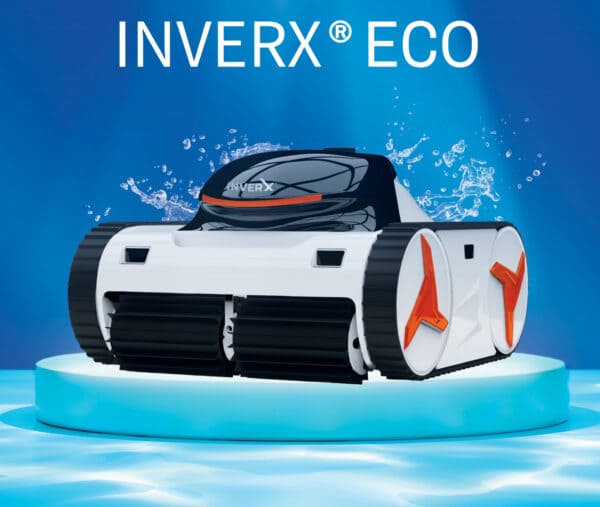 InverX Eco robotic pool cleaner promotional banner displayed on a pedestal with water splash graphics.