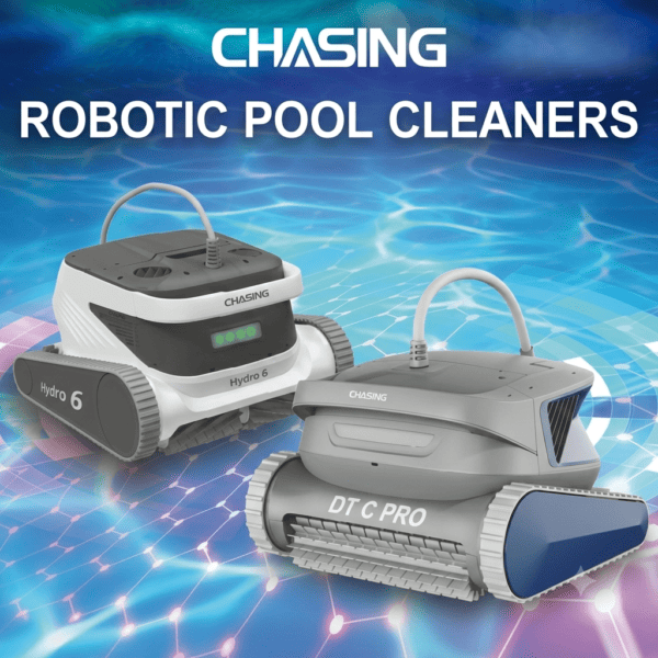 Chasing Hydro 6 and DT C Pro robotic pool cleaners on a blue background